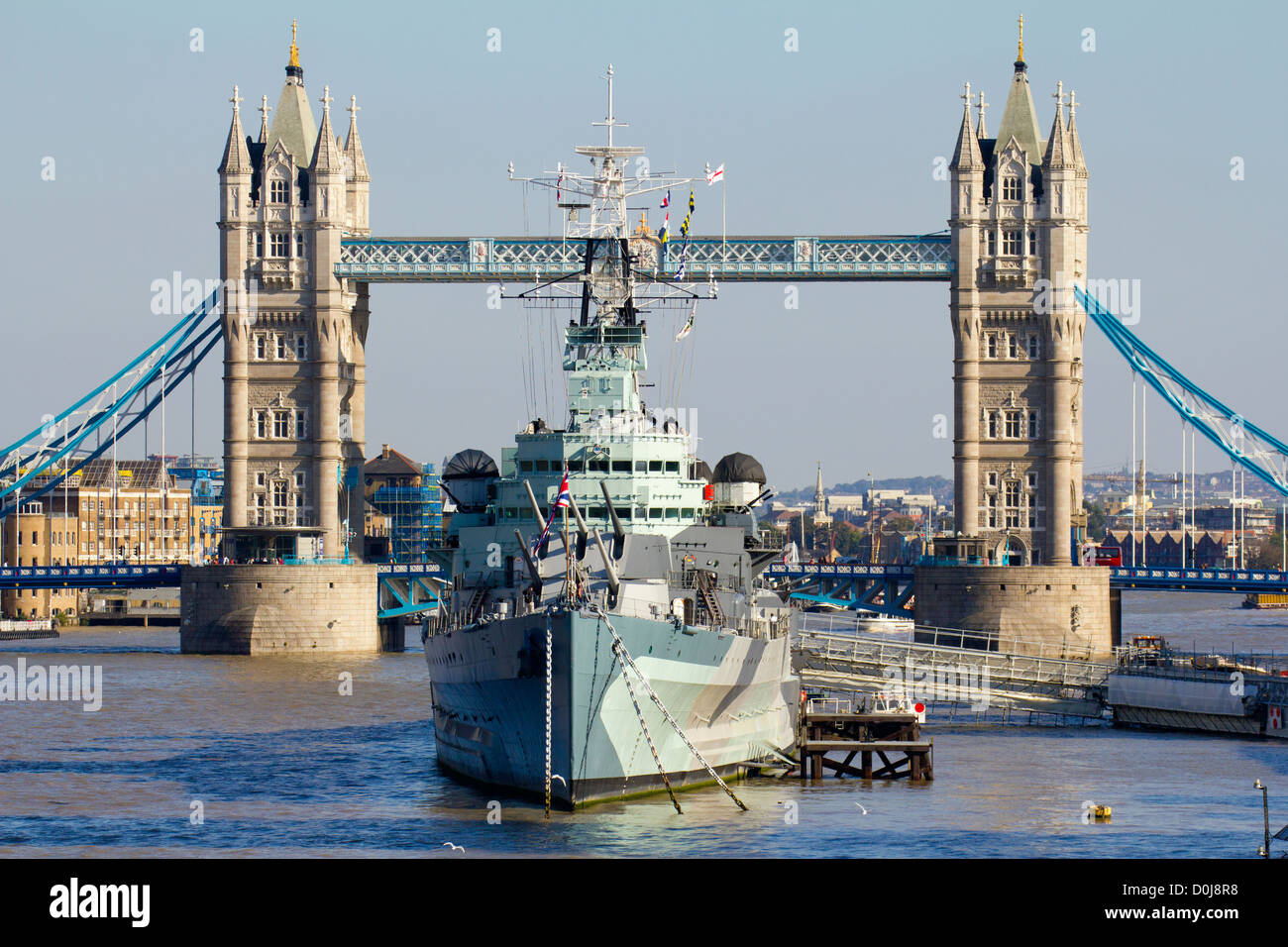 A view toward HMS Belfast and Tower Bridge in London. Stock Photo
