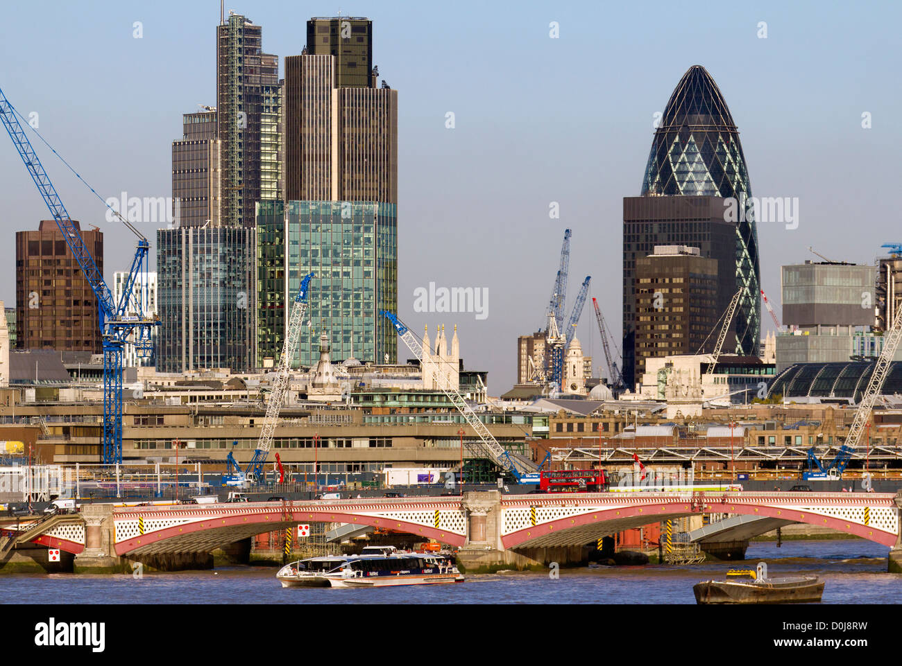 Iconic London skyline viewed from Waterloo Bridge in autumn. Stock Photo