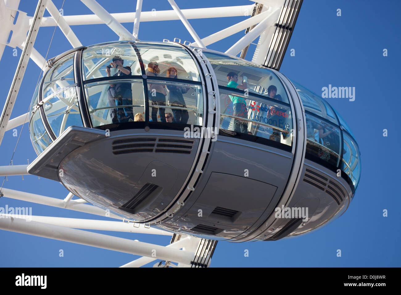 Looking out of the gondola on the London Eye. Stock Photo
