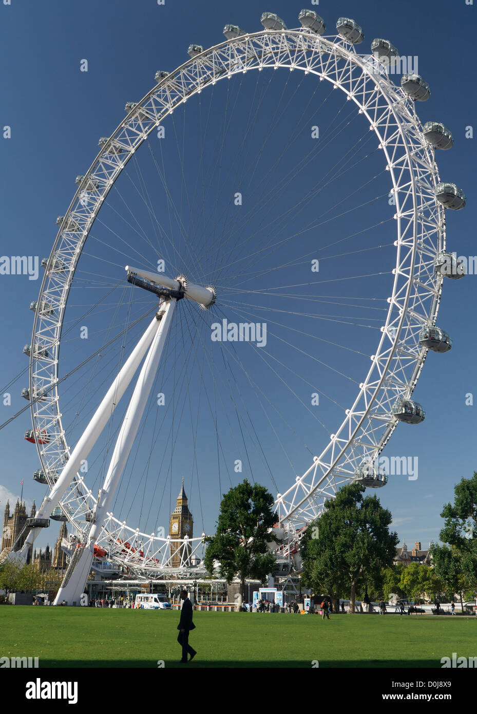 A man walking in Jubilee Gardens with a backdrop of the London Eye. Stock Photo