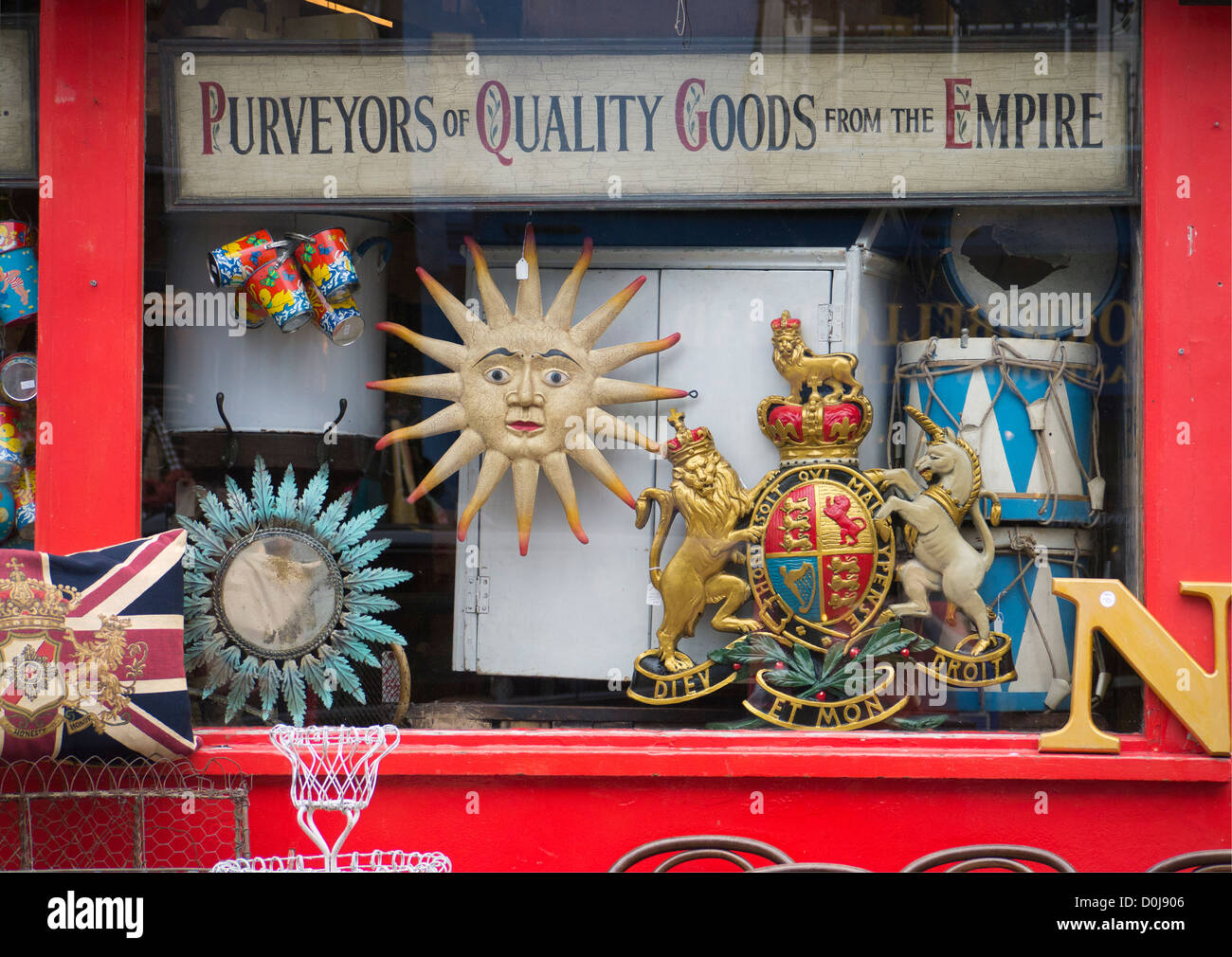 A shop selling nostalgic empire souvenirs on Portobello Road market. Stock Photo