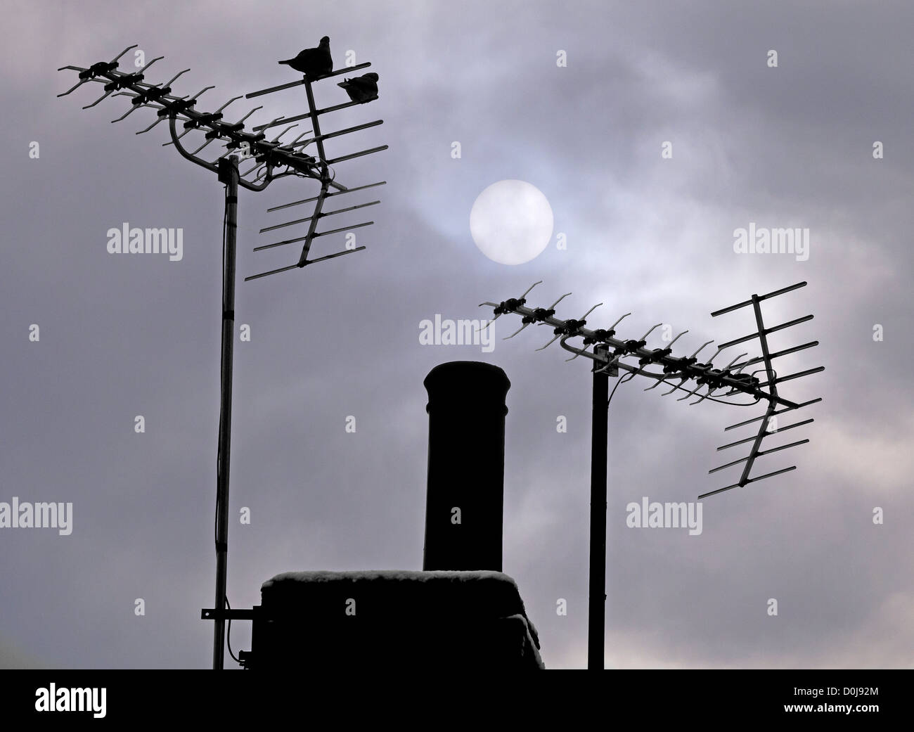 Television aerials silhouetted against winter skies in Radley village in Oxfordshire. Stock Photo