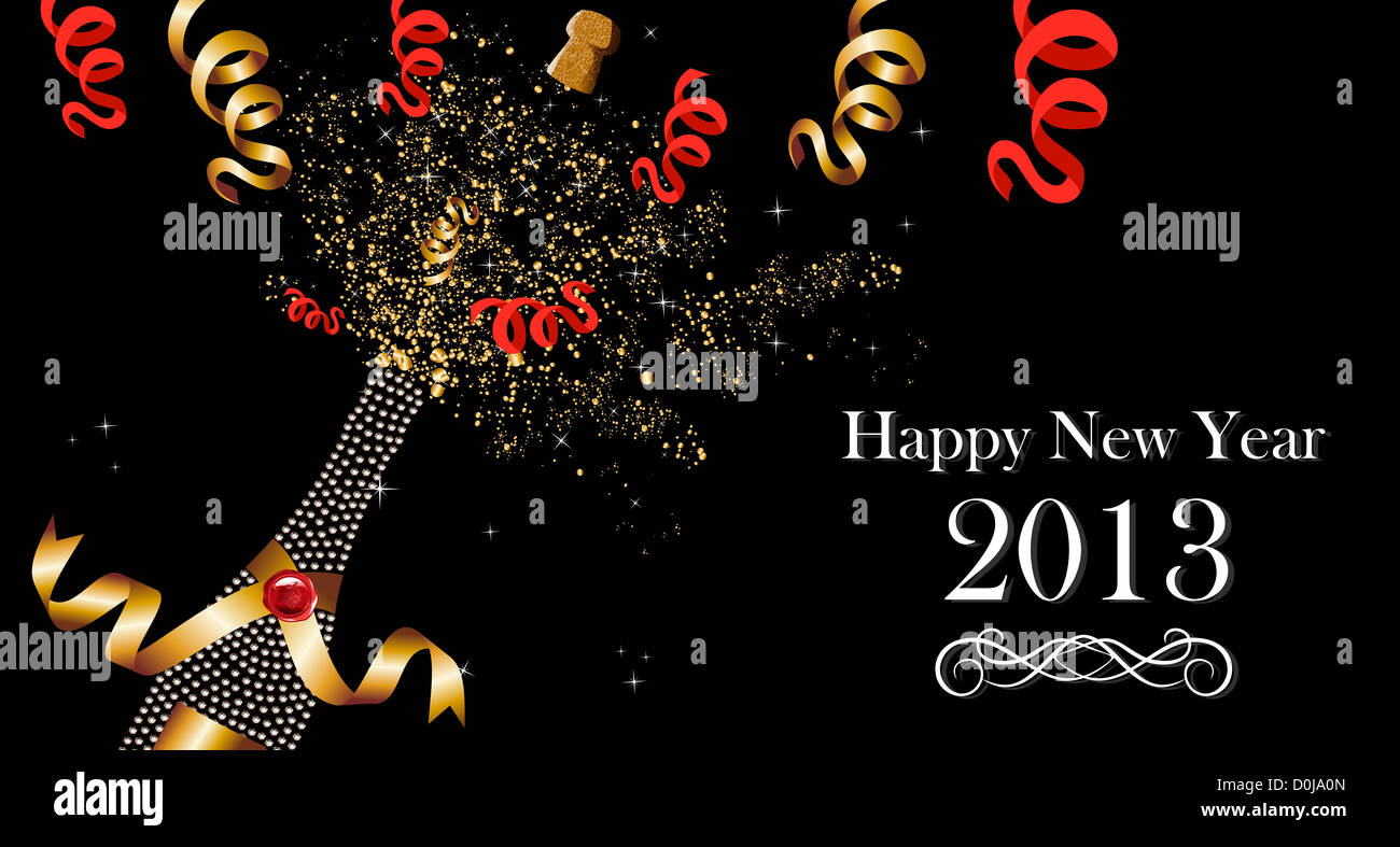 Diamond champagne bottle with gold ribbon New Year celebration splash ...