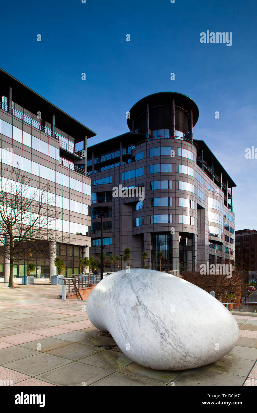 An 18-ton polished marble by the Japanese artist Kan Yasuda located between Barbirolli Square and the Bridgewater Hall Stock Photo