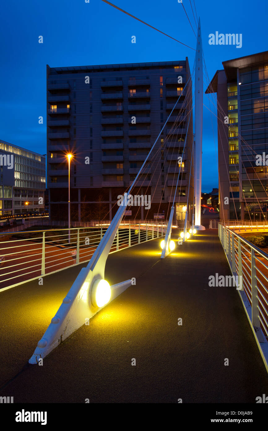The Trinity Bridge spanning the banks of the River Irwell near the Lowry Hotel. Stock Photo