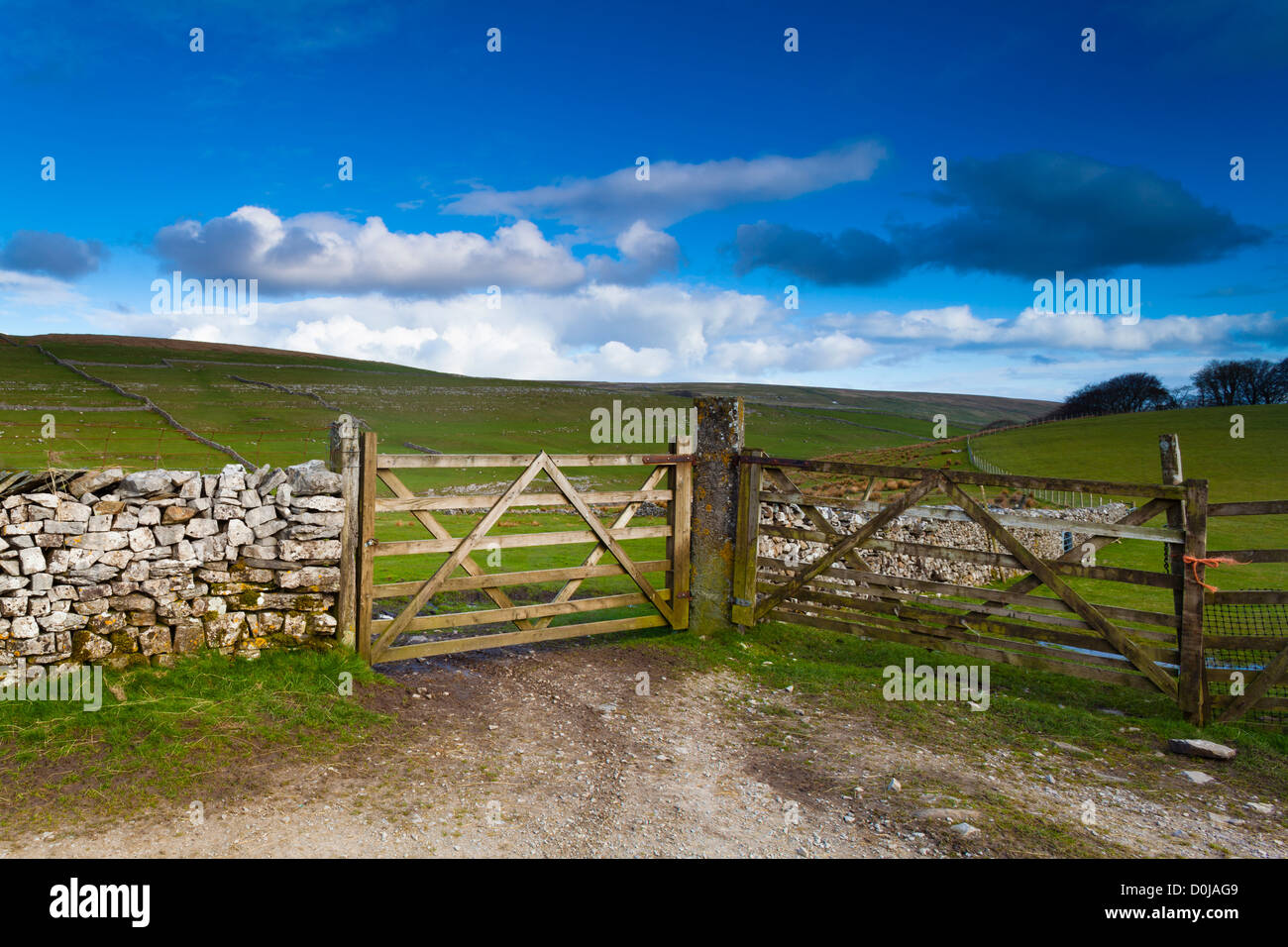Farm field and wooden gates near the small village of Horton in Ribblesdale. Stock Photo