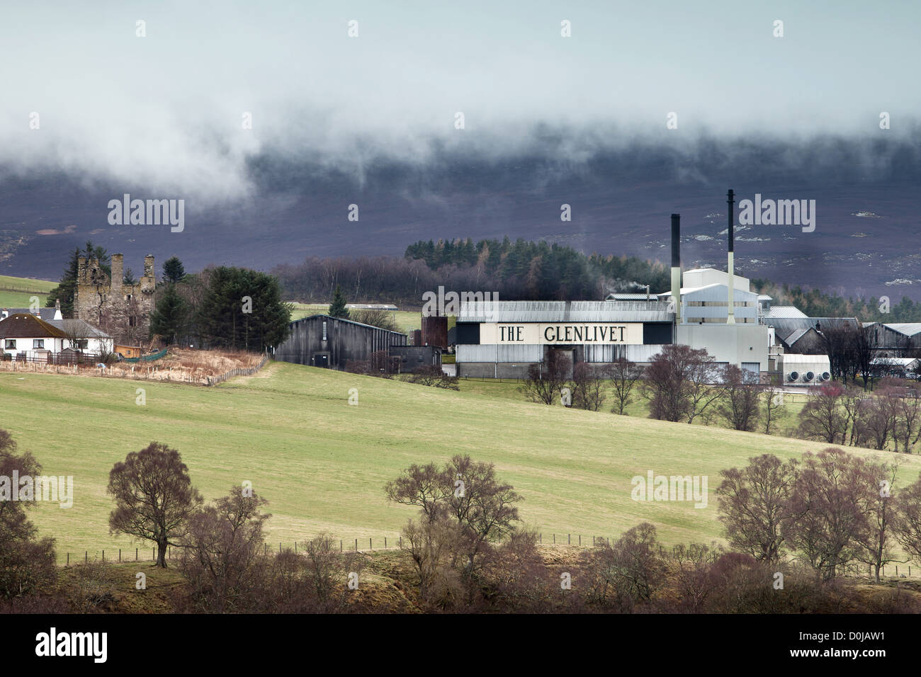 A view toward the Glenlivet Distillery and  Blairfindy Castle. Stock Photo
