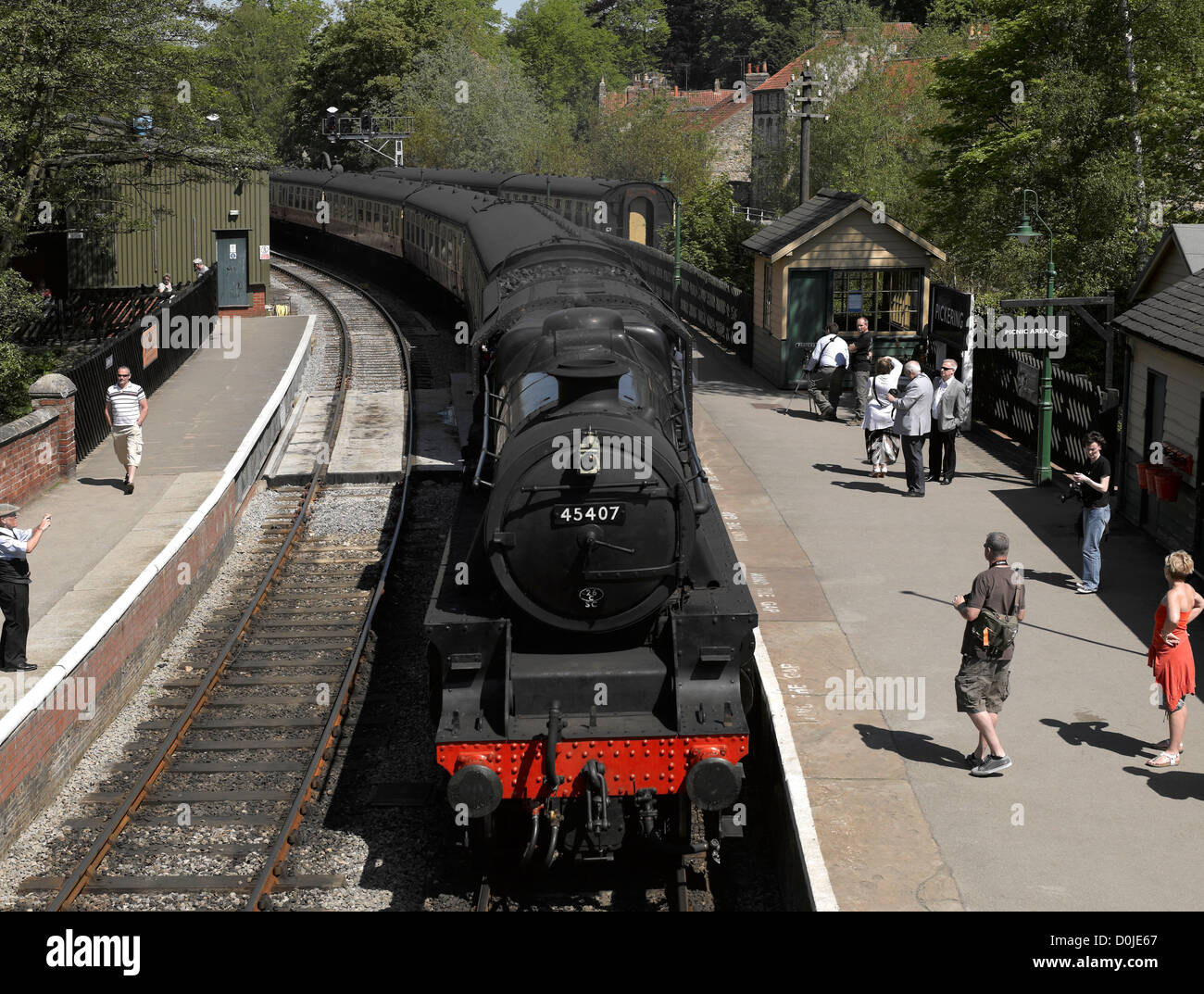 The steam locomotive called Lancashire Fusilier arrives at Pickering railway station. Stock Photo
