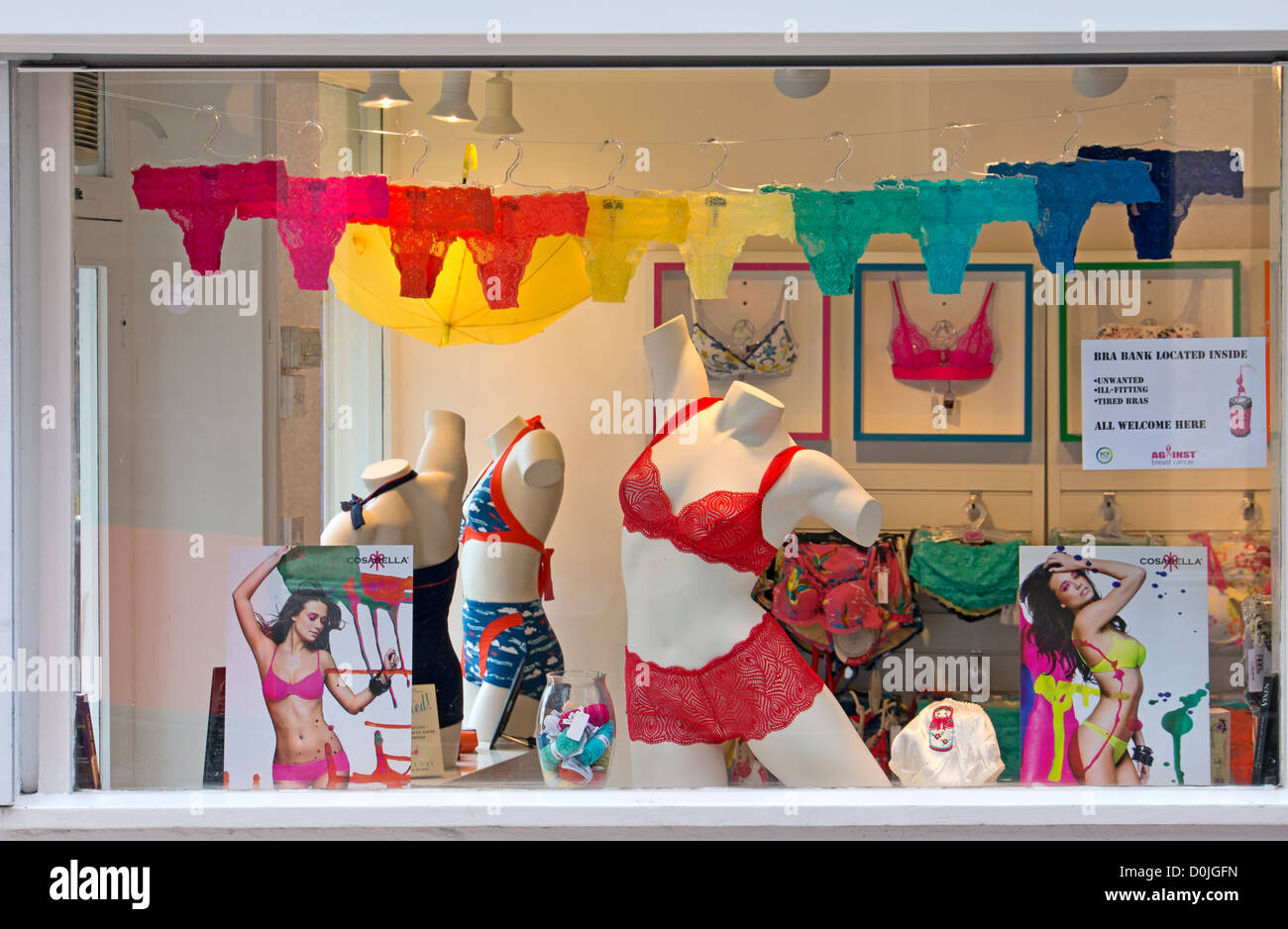 Colourful underwear displayed in a shop window in Shoreditch. Stock Photo