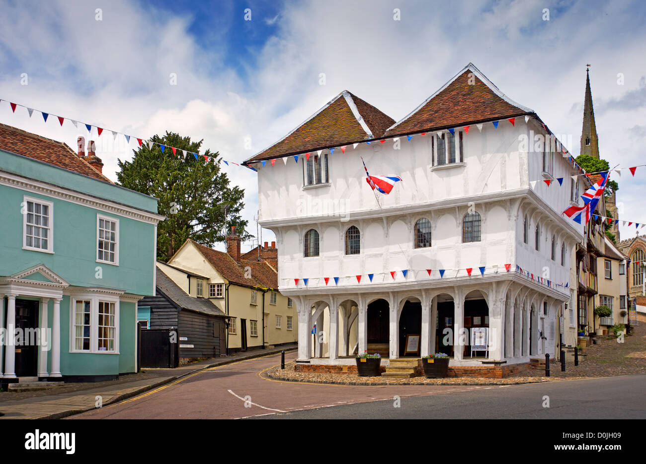 The 15th Century Guildhall in Thaxted  decorated with bunting. Stock Photo