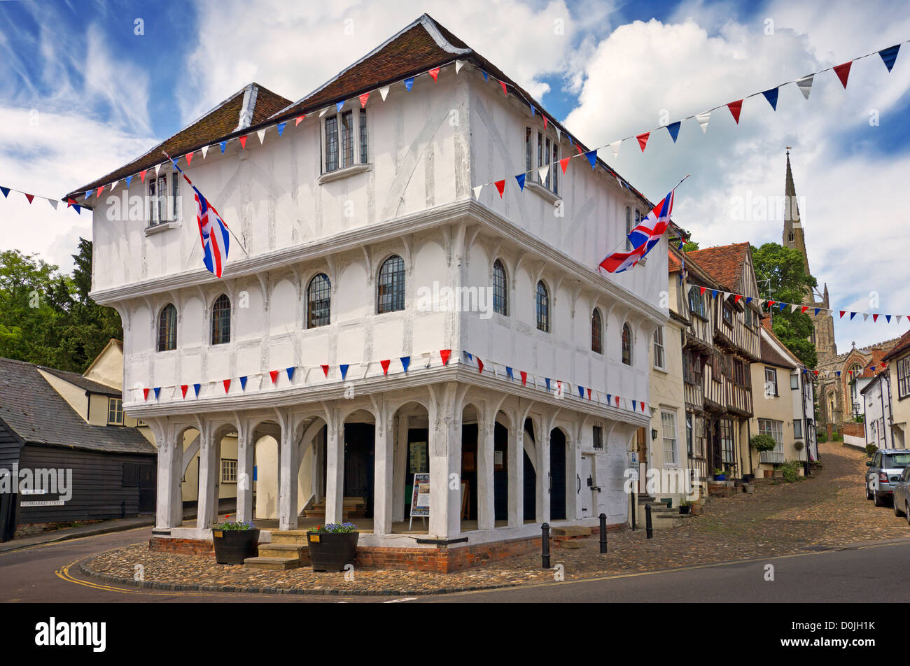 The 15th Century Guildhall in Thaxted decorated with bunting. Stock Photo