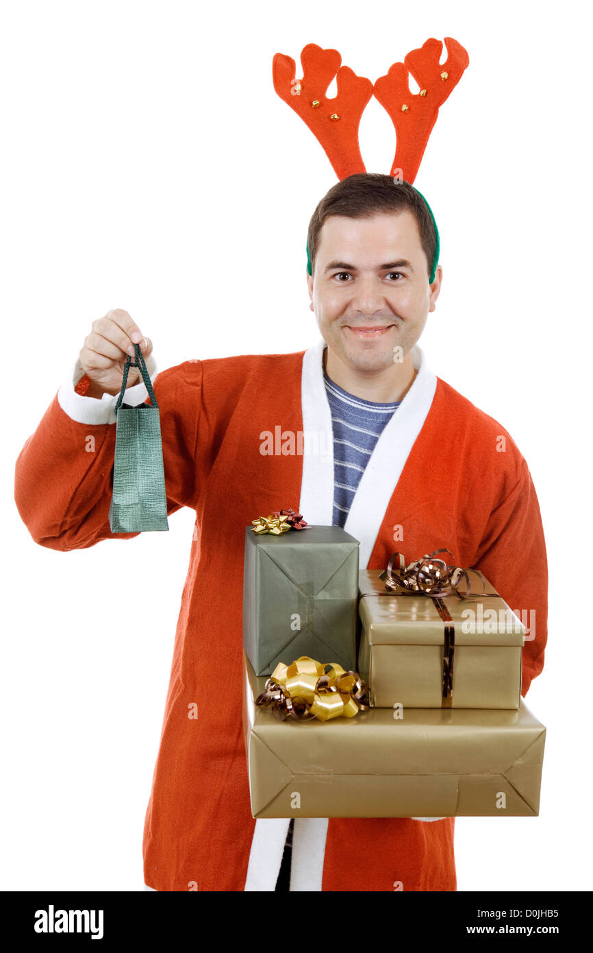 young man santa holding some gifts, isolated Stock Photo