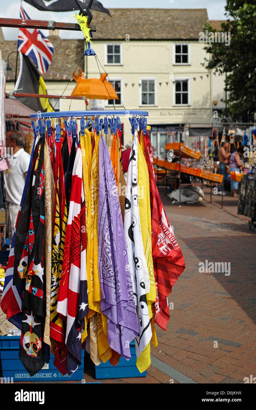 Colourful scarves for sale in Ely Market. Stock Photo