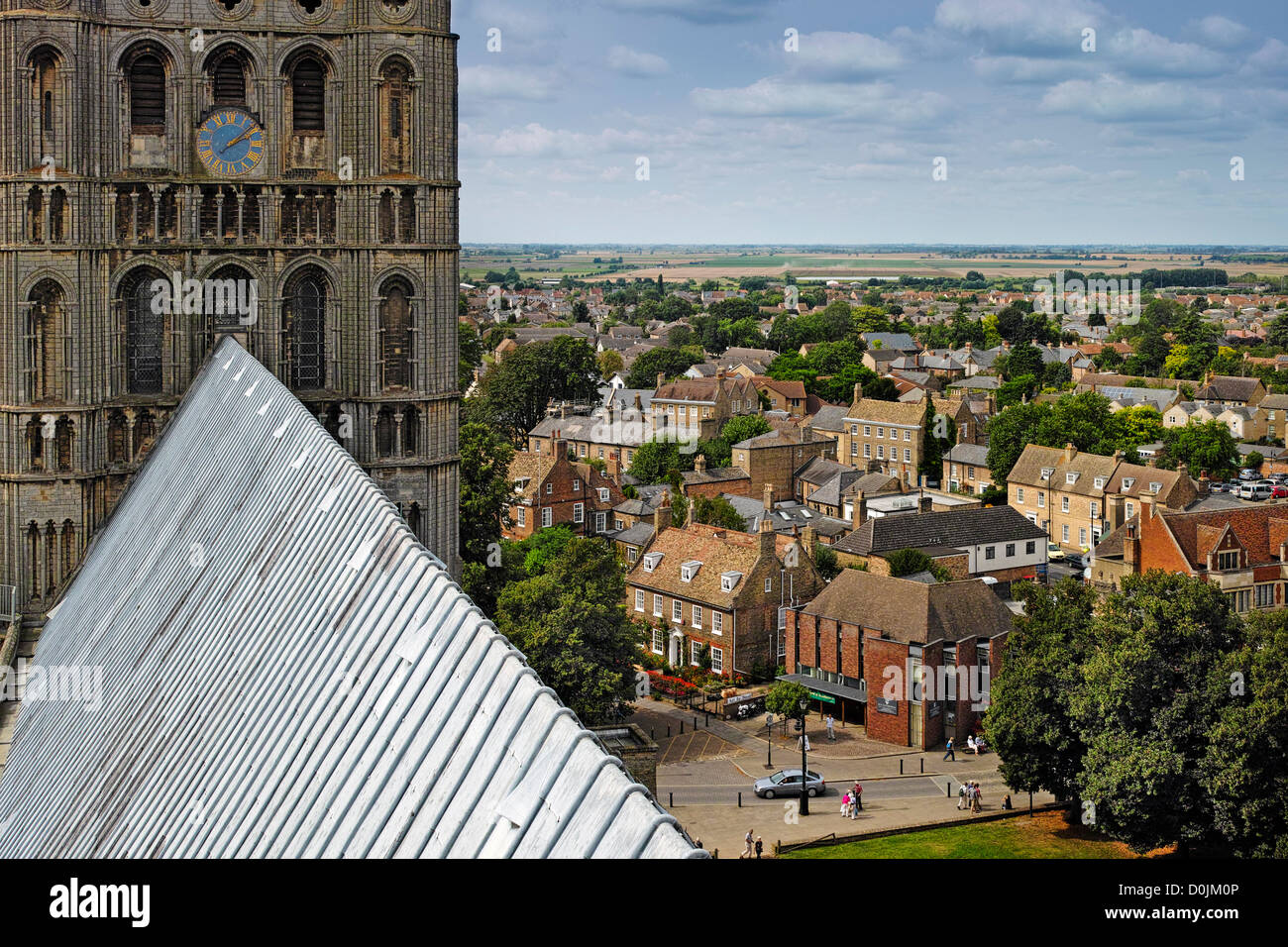 Ely Cathedral cityscape looking north west from the rooftop. Stock Photo