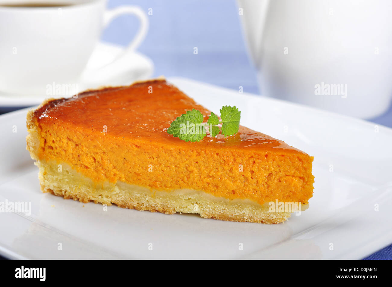 Fresh Homemade Pumpkin Pie with mint on white plate Stock Photo