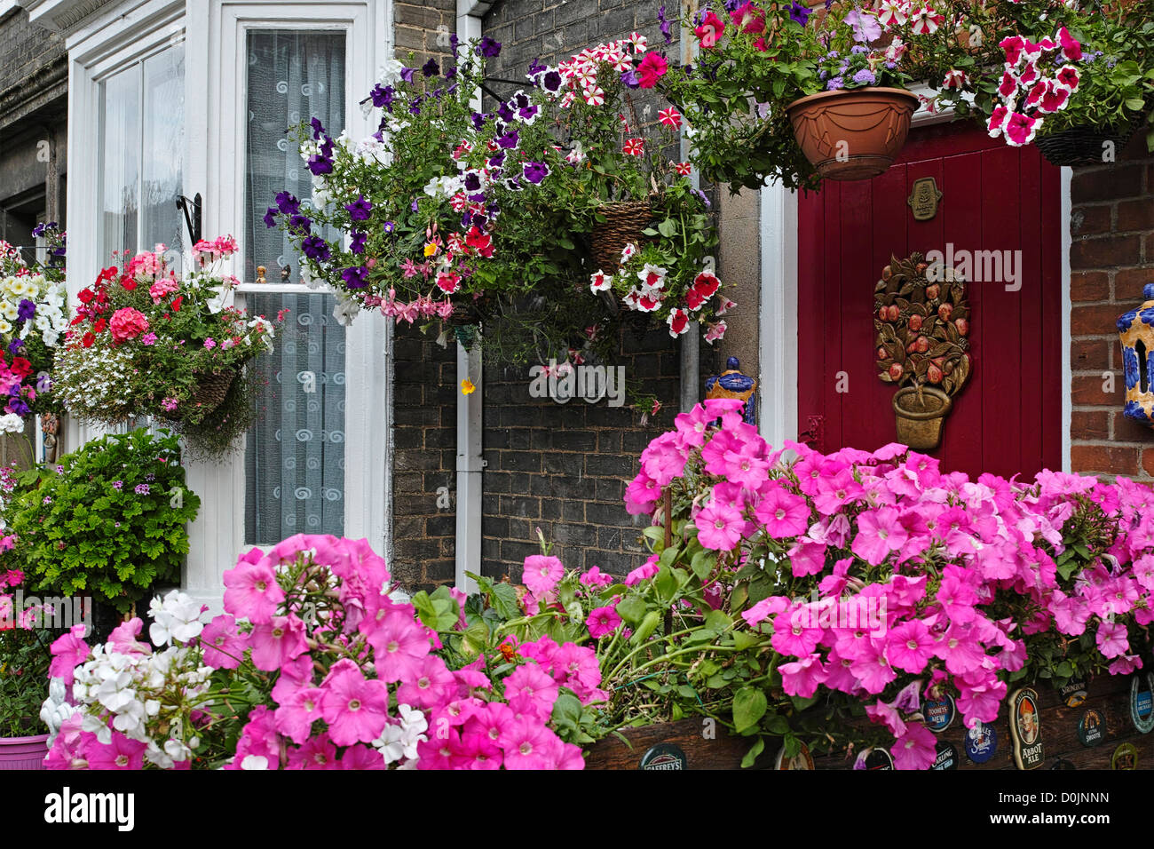 Floral display in front of a house in Ely. Stock Photo