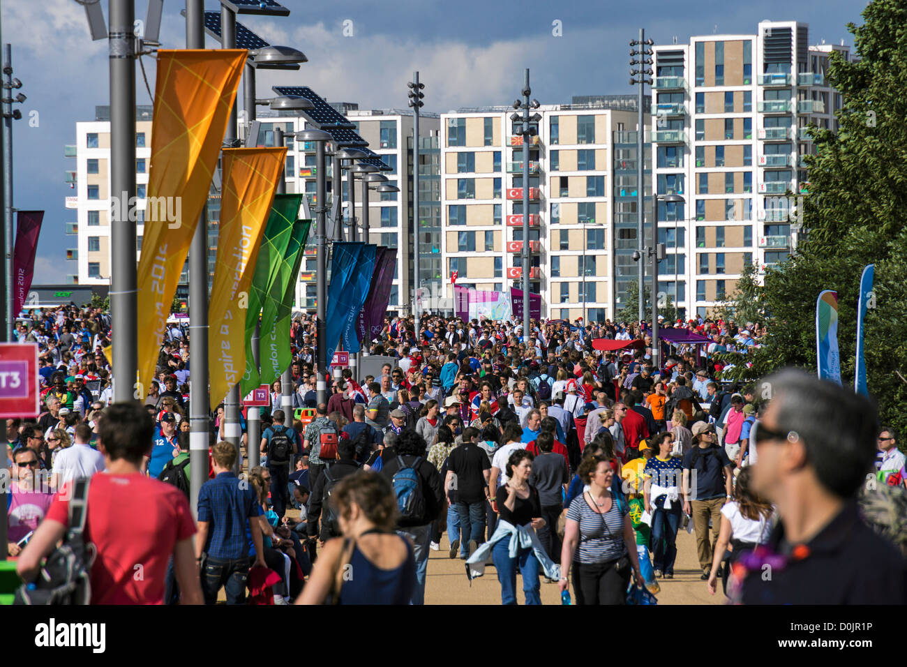 Sports fans near Newham and the Olympic site during the 2012 London Olympic Games. Stock Photo