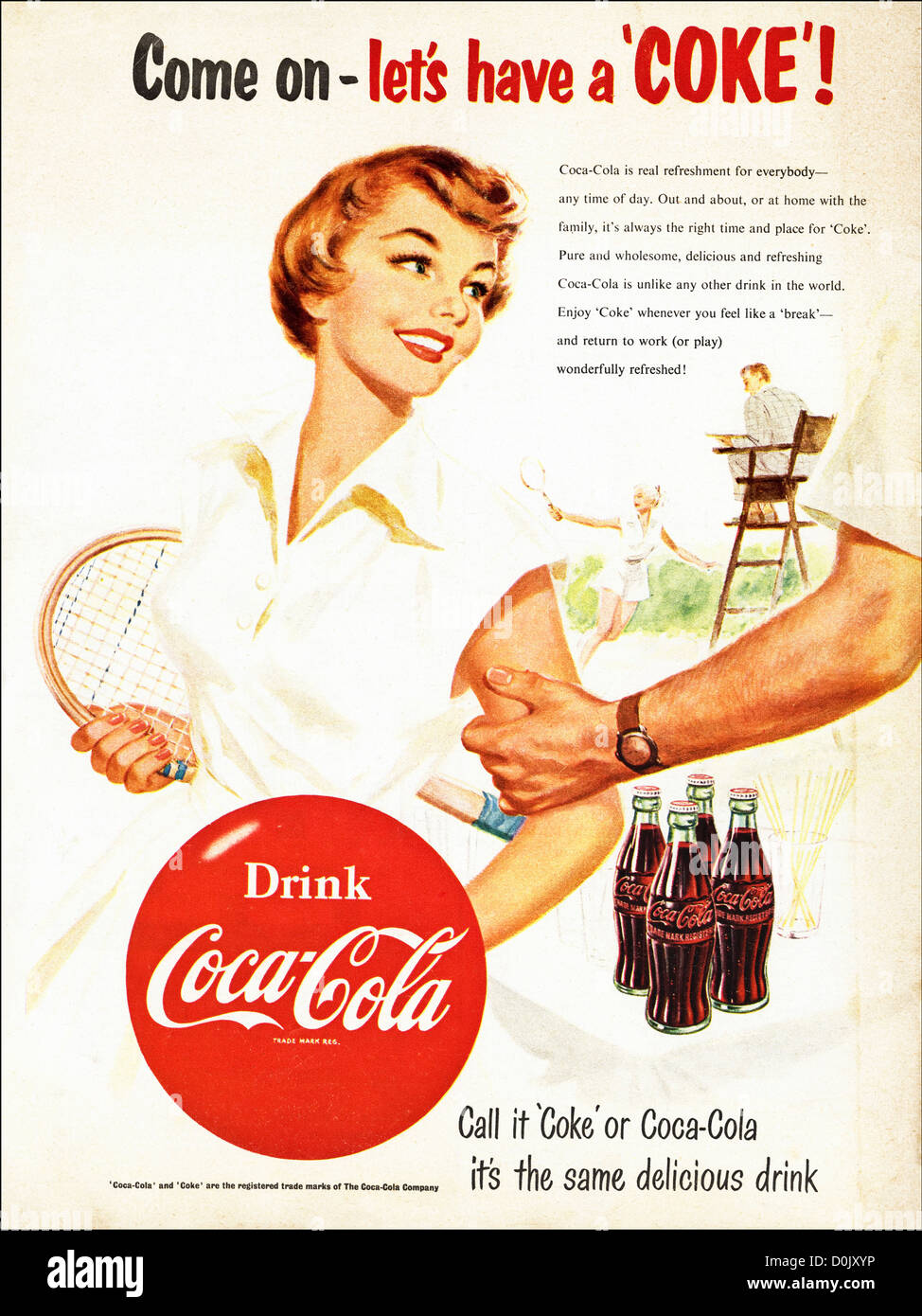 Original 1950s vintage print advertisement from English magazine advertising Coca Cola featuring a tennis scene circa 1954 Stock Photo