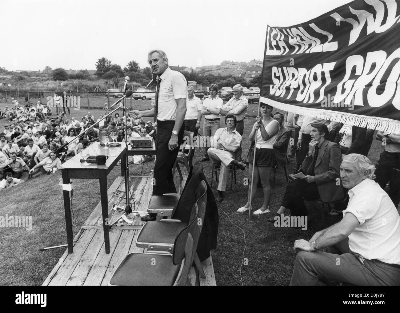 National Union of Mineworkers General Secretary Peter Heathfield speaking at Miners Rally in Rugeley during the 1984 miners strike. PICTURE BY DAVID BAGNALL. industrial action working class movement rally meeting 1980s Britain politics political Uk Stock Photo