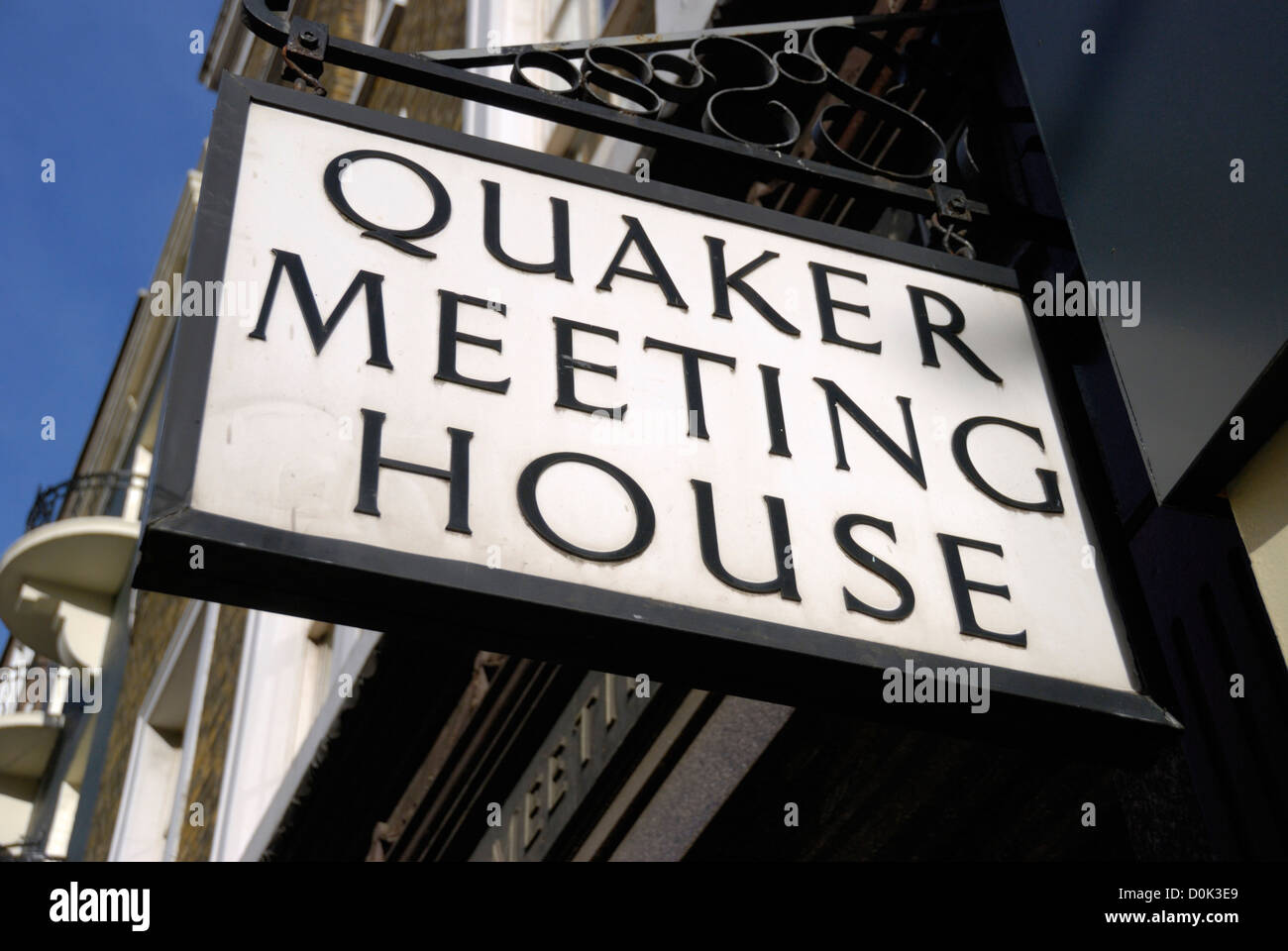 Quaker Meeting House sign in St Martin's Lane. Stock Photo