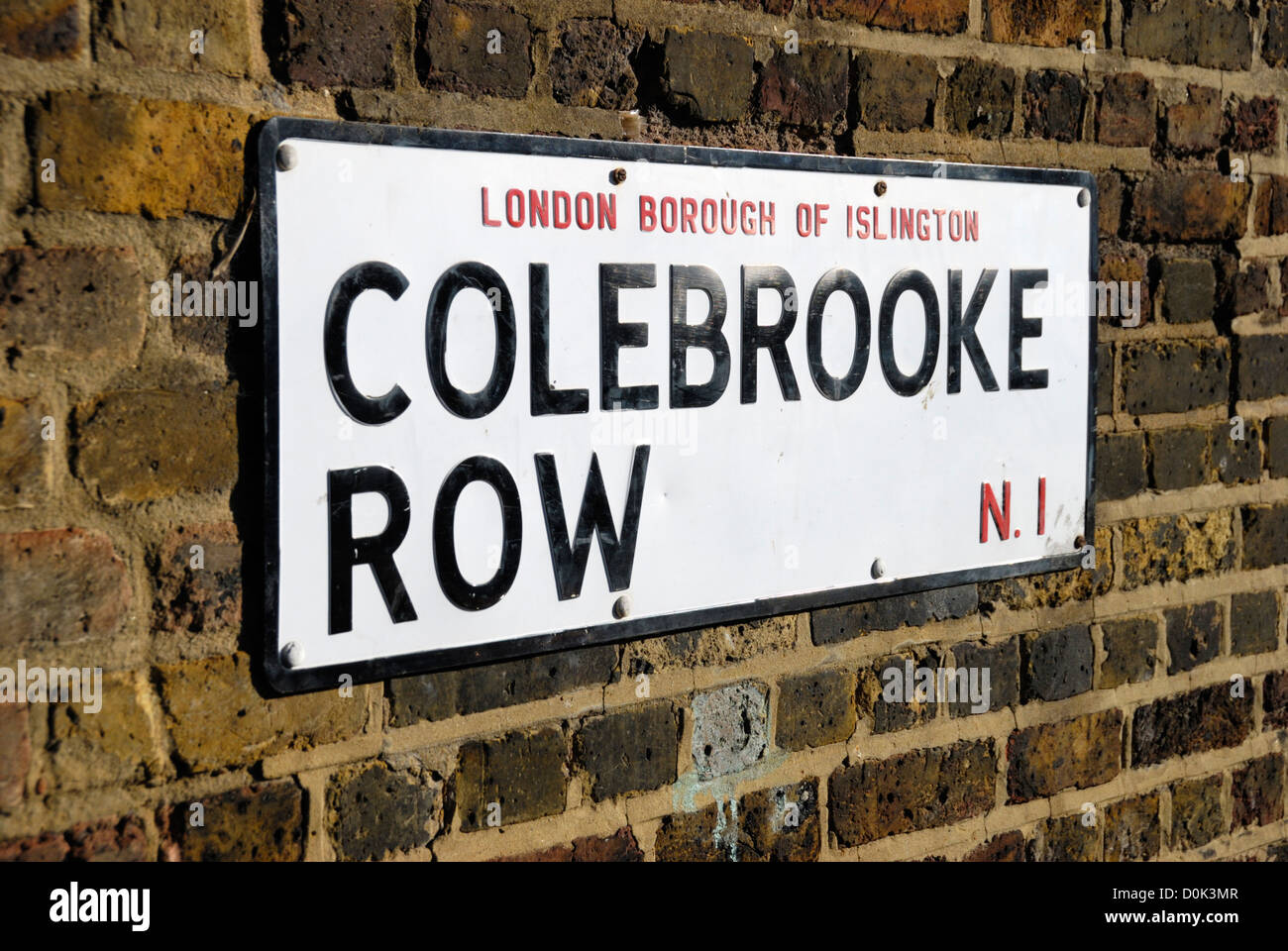 Colebrooke Row N1 street sign on a brick wall. Stock Photo
