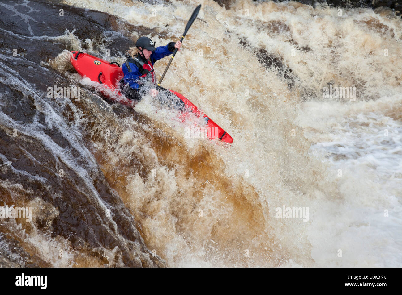 Canoeist Tackling Low Force Waterfall in High Flow Conditions River Tees Bowlees Upper Teesdale County Durham UK Stock Photo