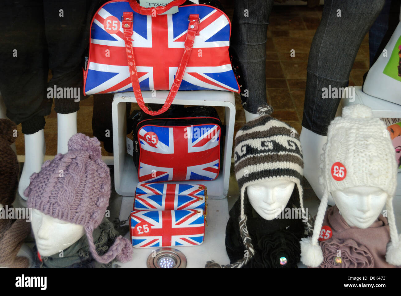 Union Jack handbags in a shop window display. Stock Photo