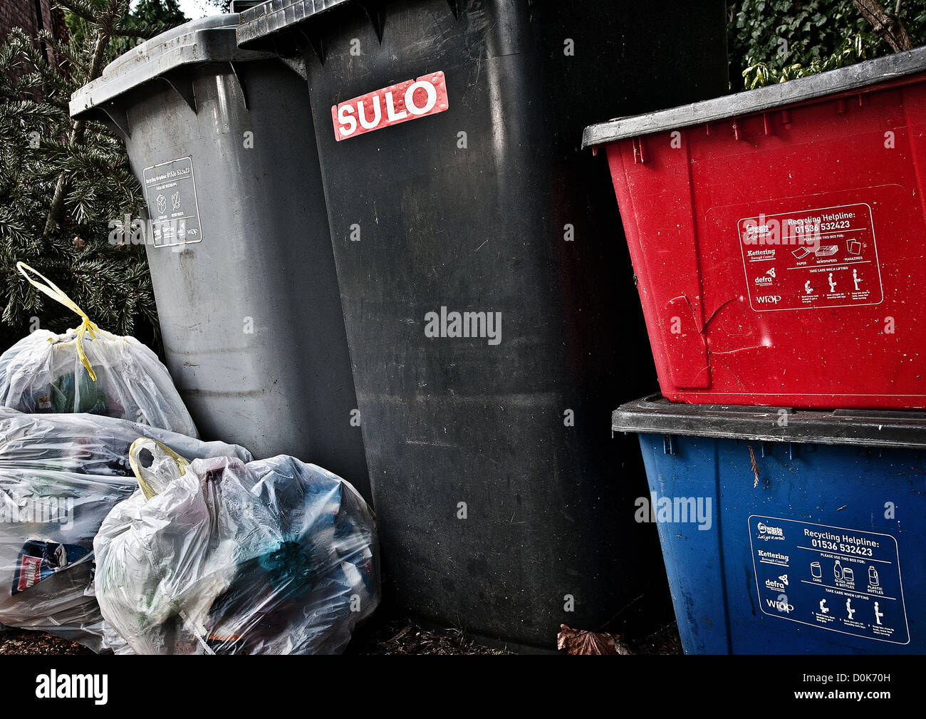 A collection of rubbish and recycling bins awaiting collection Stock Photo Alamy