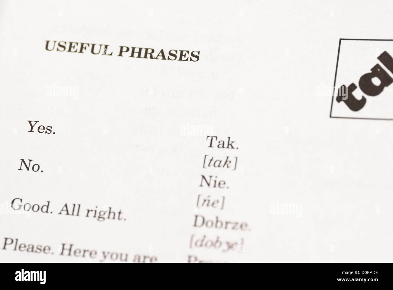 Macro image of first page of Polish phrase book. Stock Photo