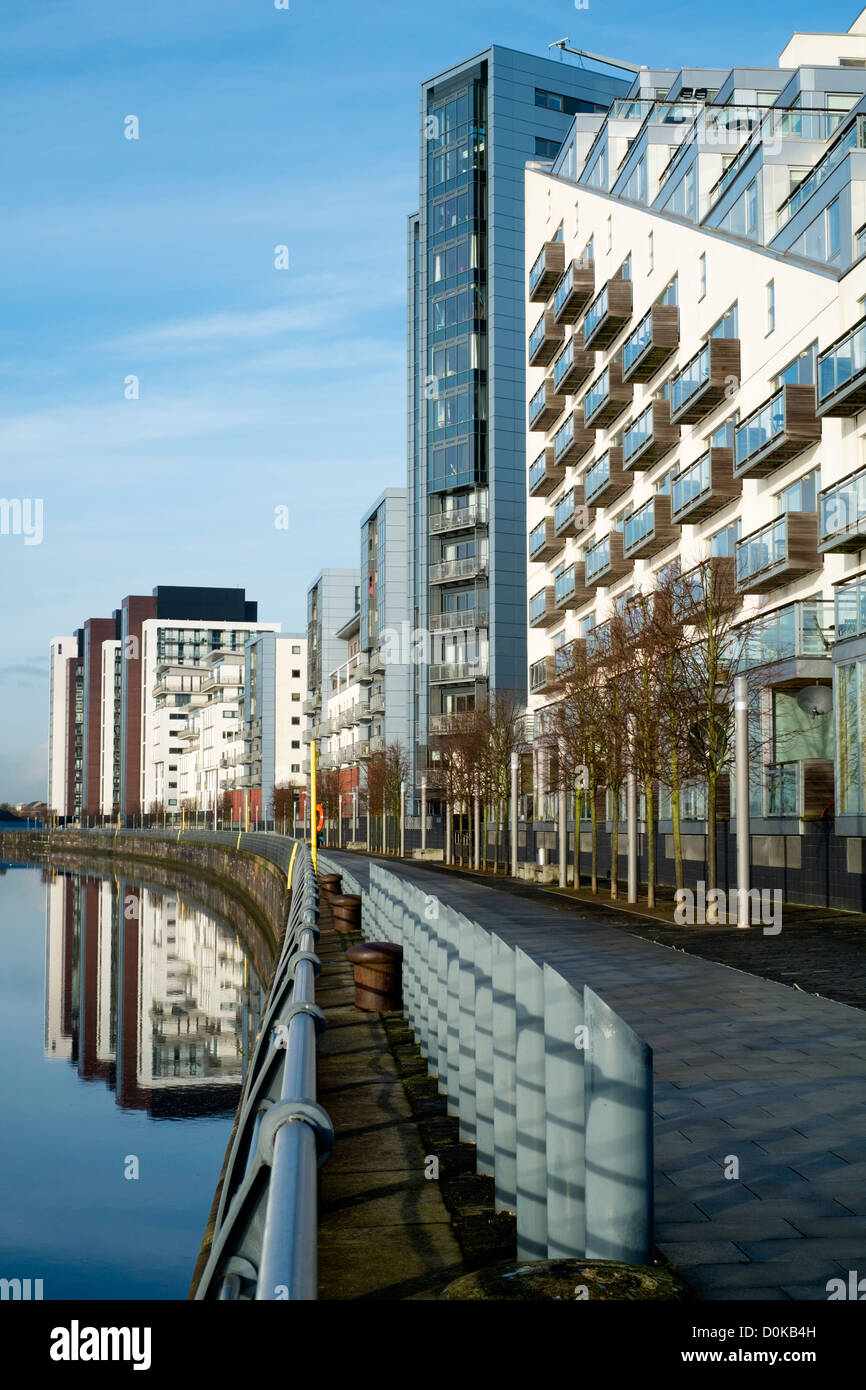 Modern highrise apartment buildings on River Clyde at Glasgow Harbour