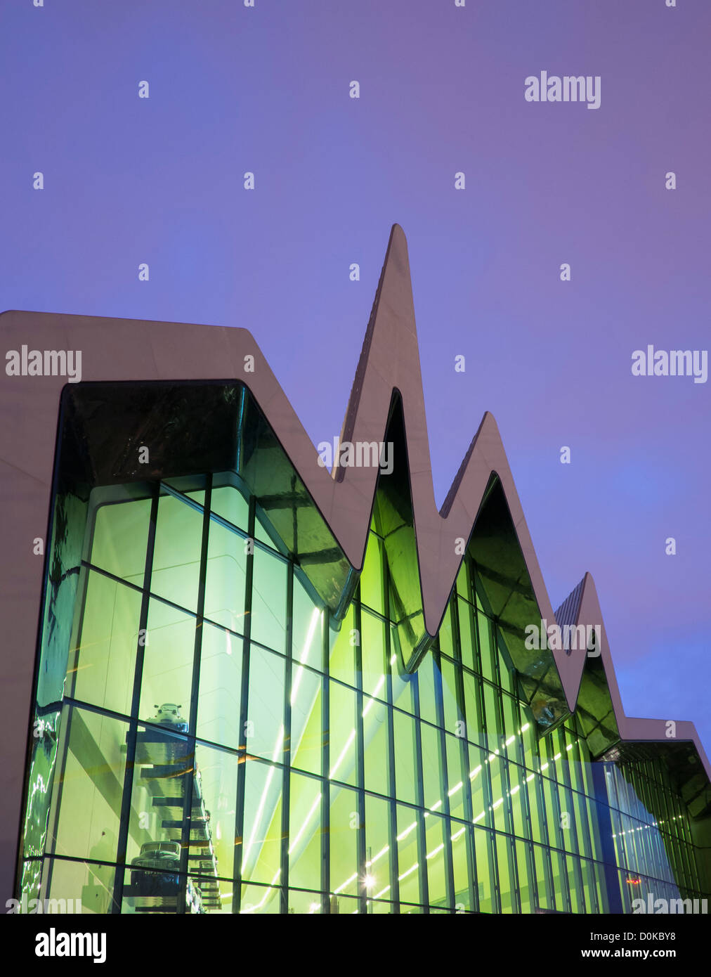 Dusk view of new Riverside Museum of Transport in Glasgow Scotland UK Architect Zaha Hadid Stock Photo