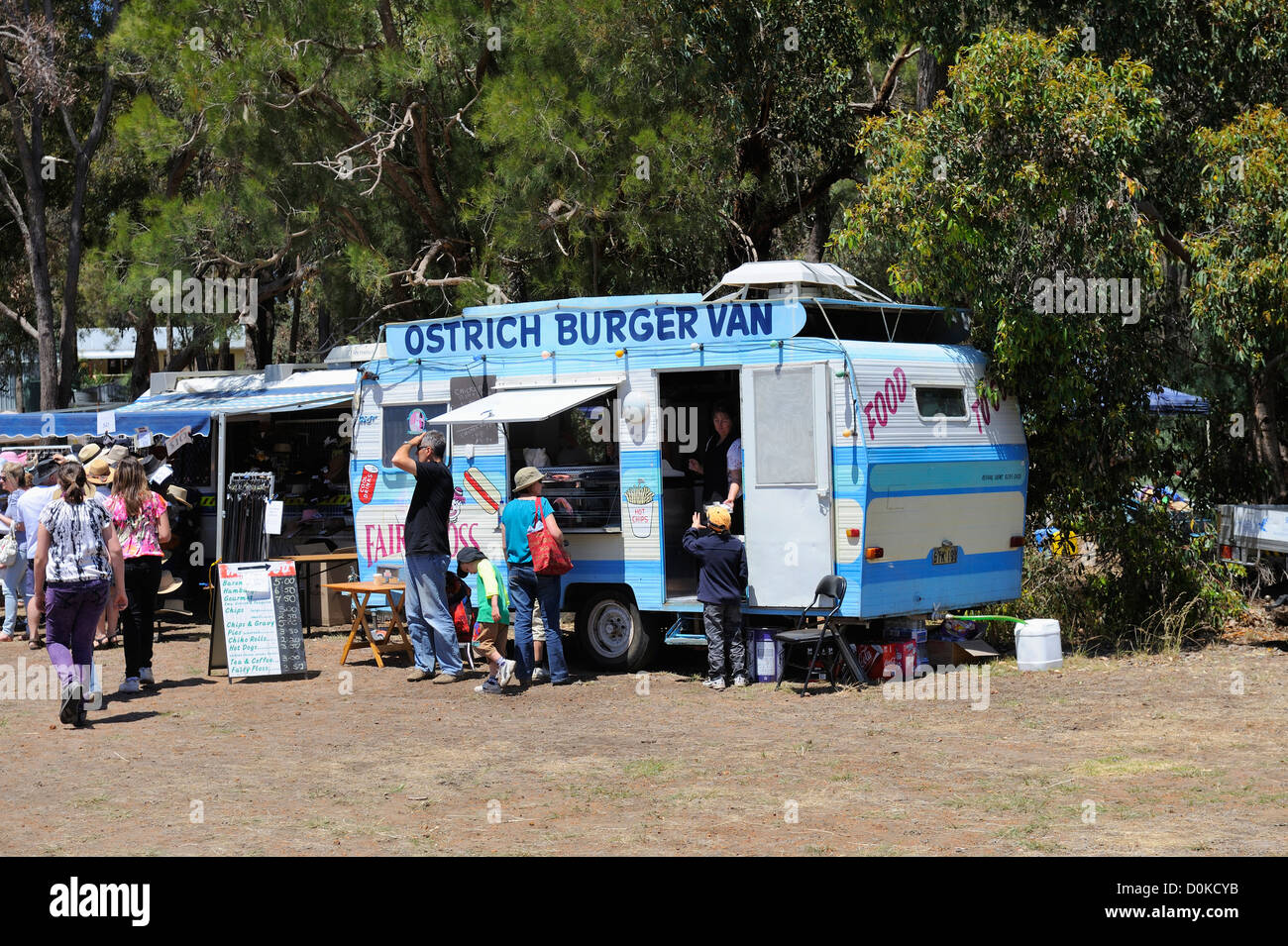 Caravan selling a variety of fast foods, including Ostrich, Emu and Kangaroo burgers, at country agricultural show, Australia Stock Photo