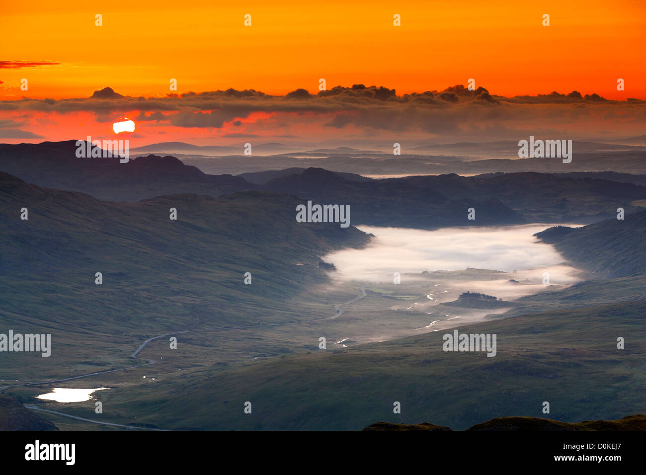 Sunrise over Llynnau Mymbyr and Capel Curig village from Gallt y ...