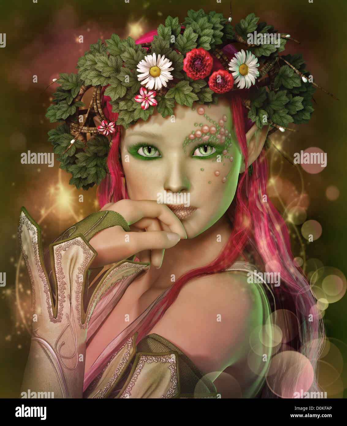 a portrait of an elven maid with a wreath on her head Stock Photo