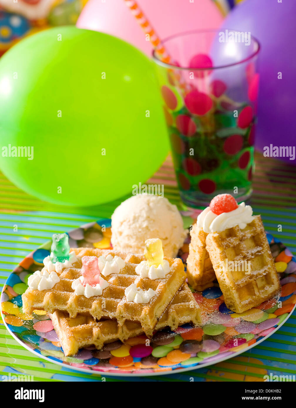 Waffles withÊice creamÊand whipped cream Stock Photo