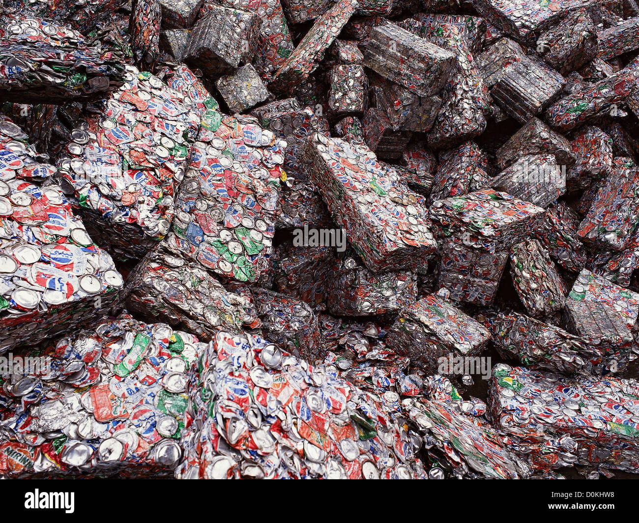 Crushed aluminum cans ready for recycling are packed in bales Stock