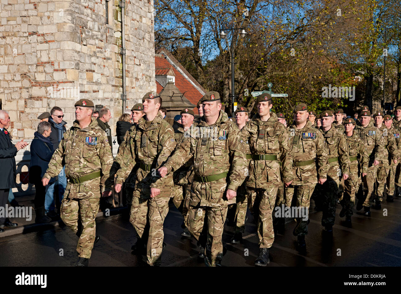 Soldiers from the Yorkshire Regiment marching through the city on Remembrance Sunday York North Yorkshire England UK Stock Photo