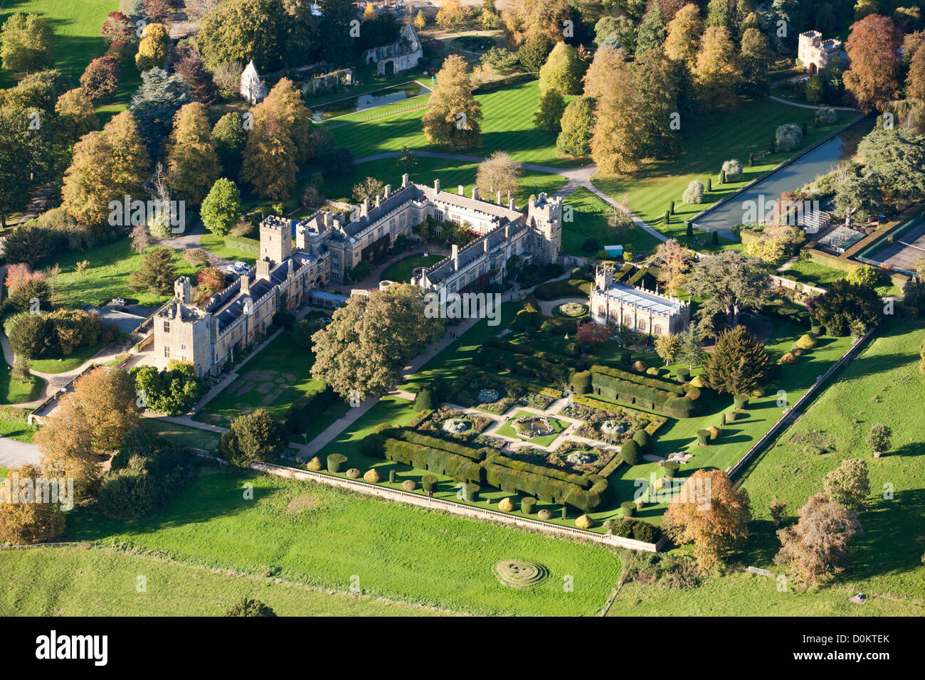 An aerial view of Sudeley Castle near the Cotswold town of Winchcombe, Gloucestershire, UK Stock Photo