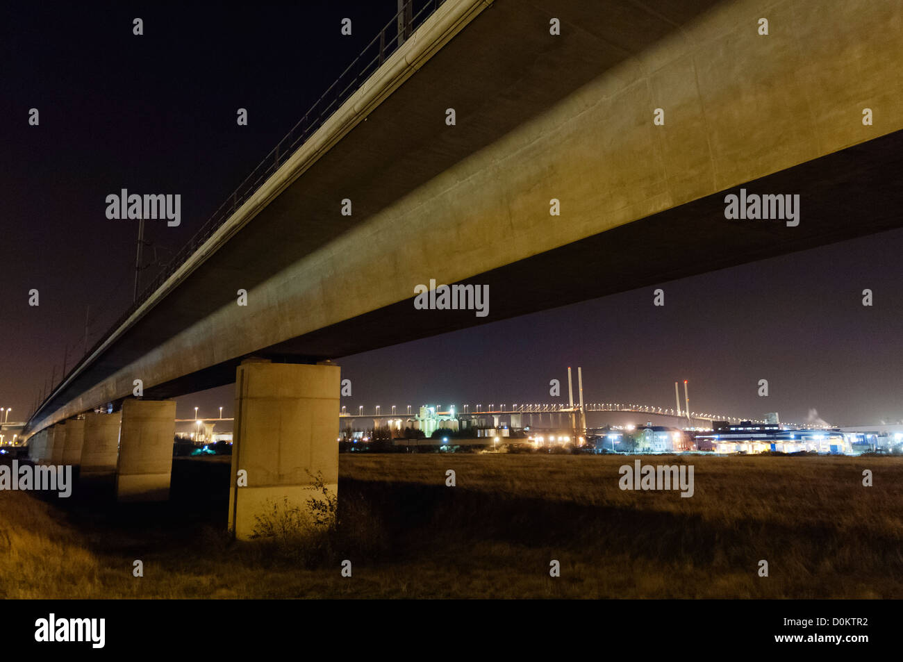 Looking up at the high-speed rail link coming in across the Thames from Kent. Stock Photo