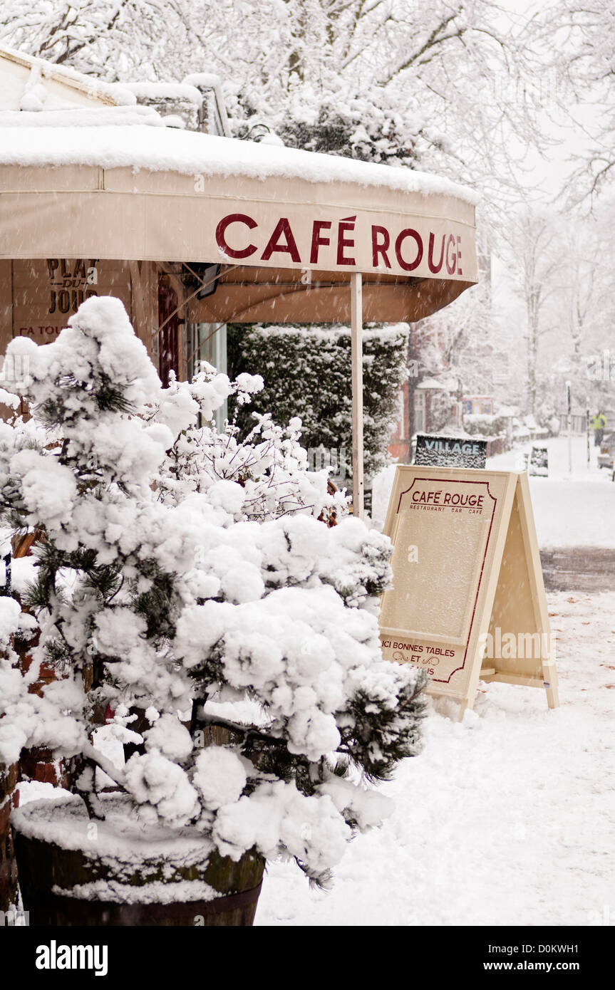 Cafe Rouge in Highgate covered with fresh snow. Stock Photo