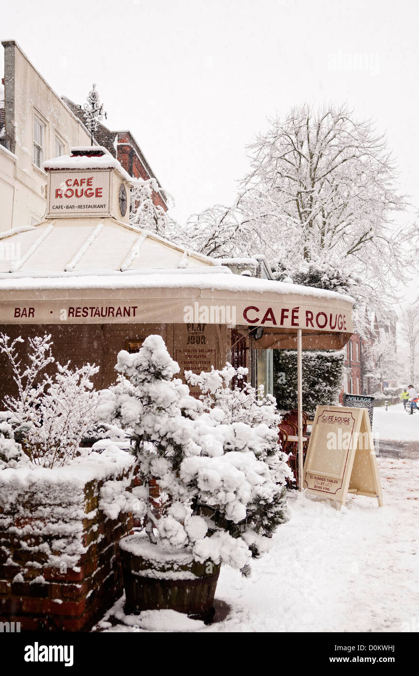 Cafe Rouge in Highgate covered with fresh snow. Stock Photo