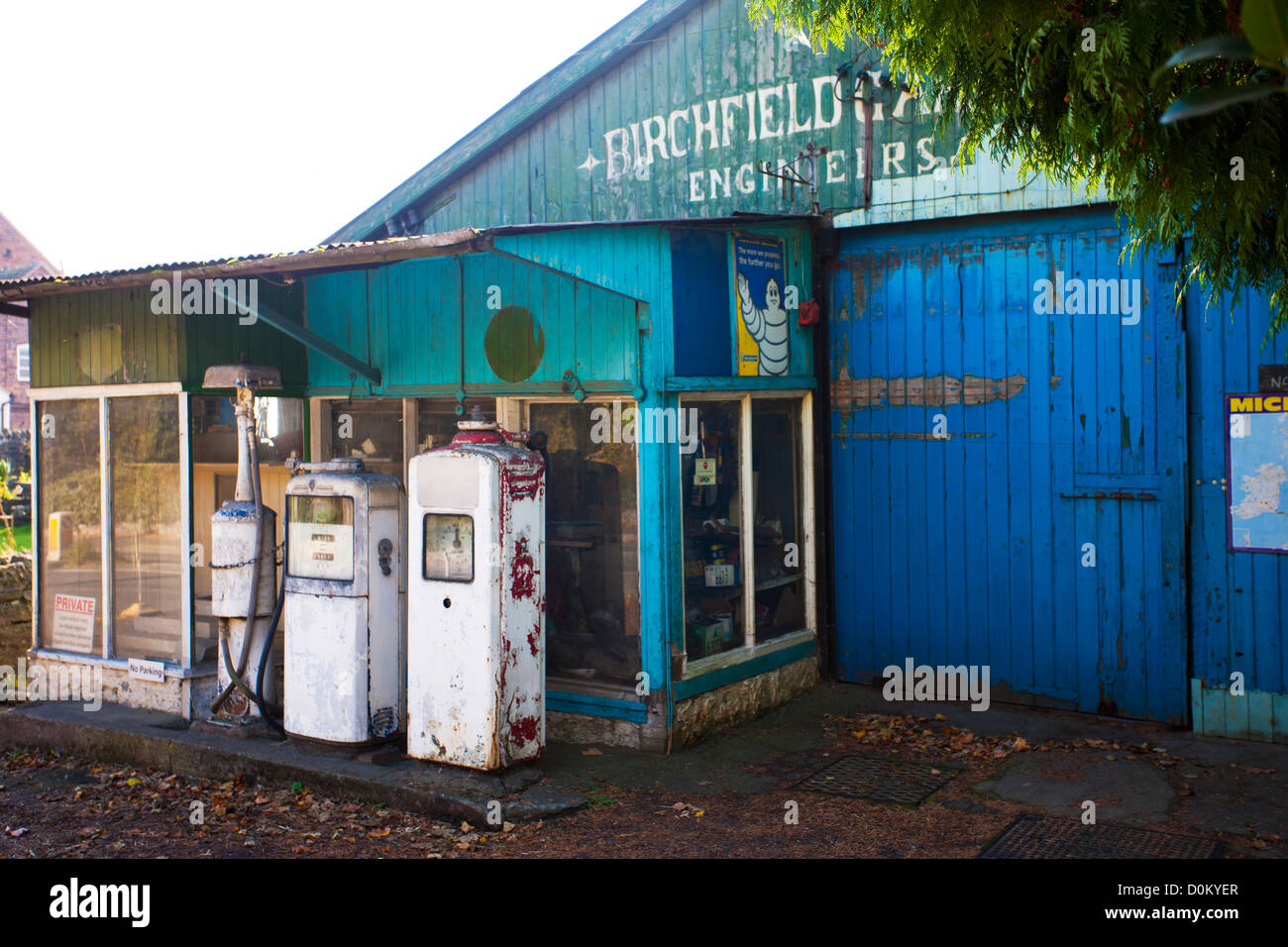 Exterior of an old garage forecourt in Much Wenlock. Stock Photo