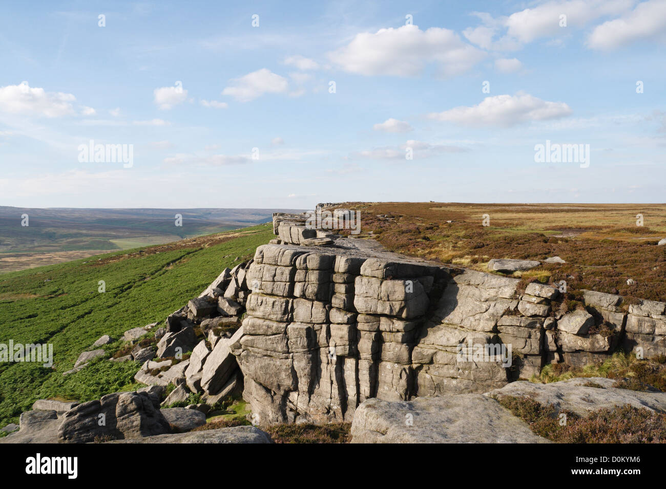 Stanage Edge at High Neb, Derbyshire Peak District, England Moscar Moor to the left. English moorland countryside landscape. Scenic view land and sky Stock Photo