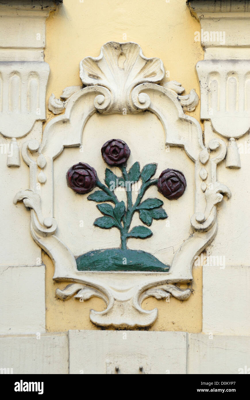 Prague, Czech Republic. Traditional house sign. Three Red Roses at Vlasska no.9 Stock Photo
