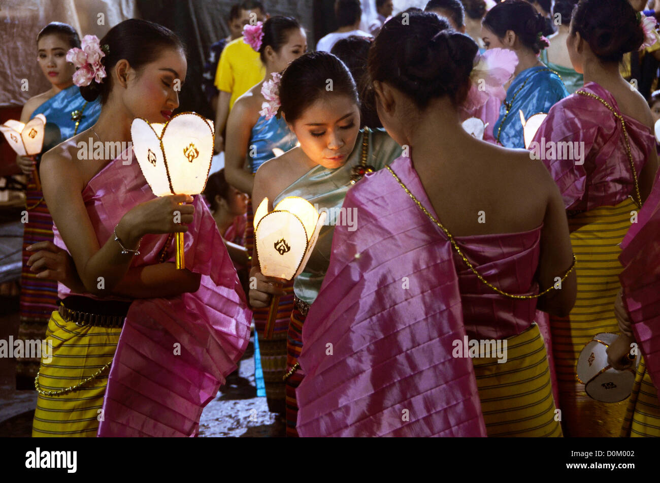 Thai ladies prepare krathongs  at Loy Krathon festival,Chiang Mai,Thailand Stock Photo