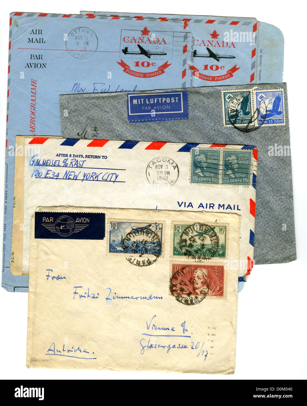 Airmail envelopes from Paris, France (1937) Tacoma, USA (1942) Vienna, Austria (wartime) Ontario, Canada (1961/2) Stock Photo