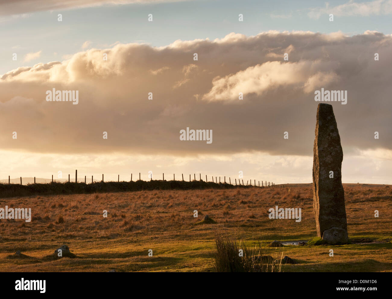 Single standing stone at Merrivale prehistoric site on Dartmoor, Devon, UK Stock Photo