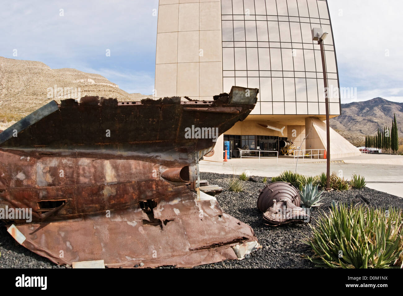 The wreckage of a rocket lies out in the John P. Stapp Air & Space Park outside the New Mexico Museum of Space History. Stock Photo