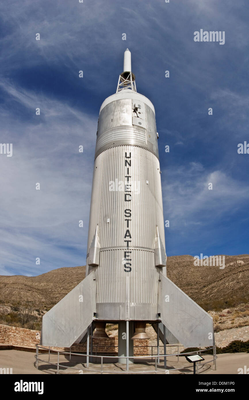 Little Joe II, the tallest exhibit in the John P. Stapp Air & Space Park outside the New Mexico Museum of Space History. Stock Photo