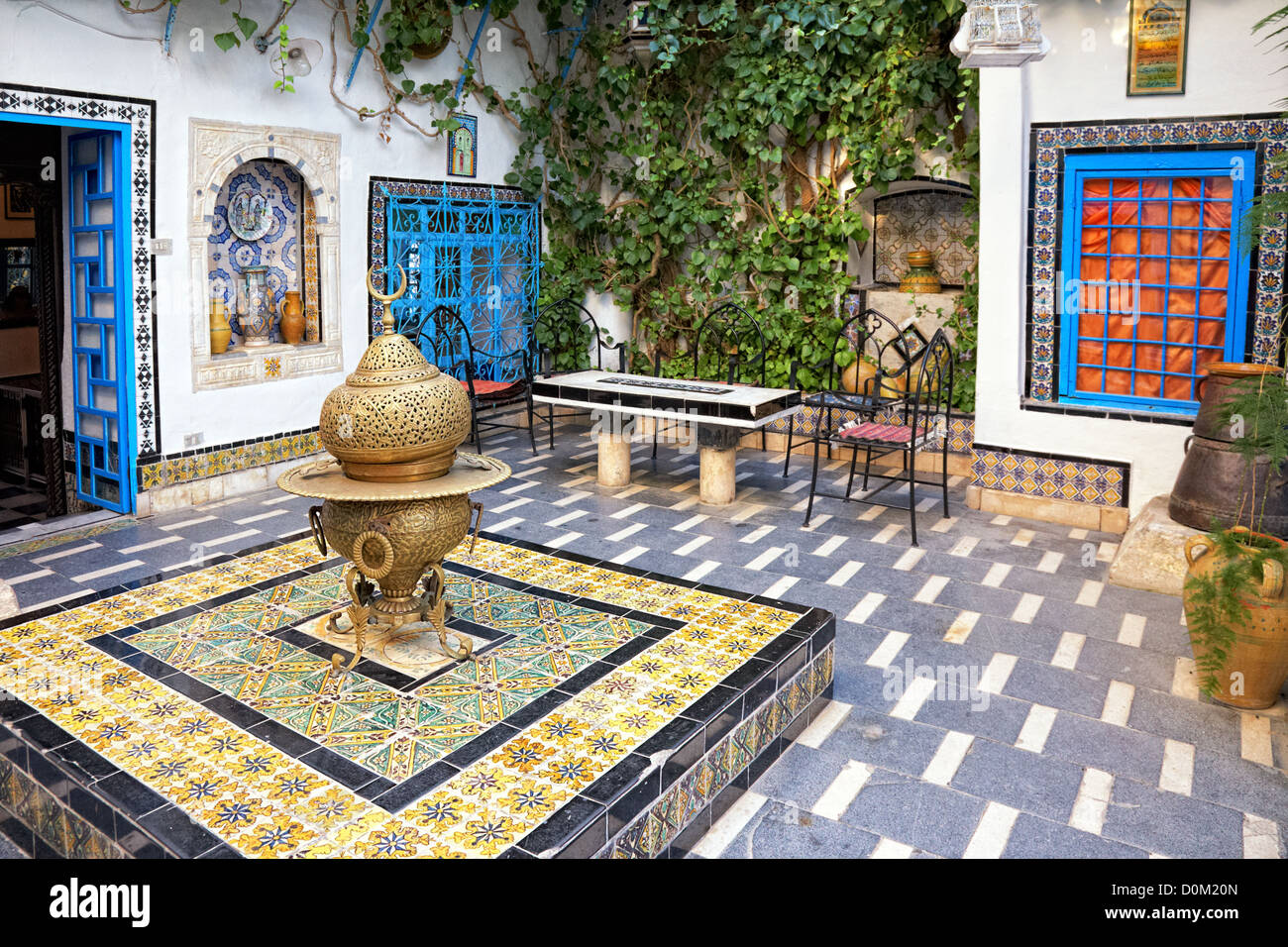 traditional courtyard at Sidi Bou Said, Tunis, Tunisia Stock Photo